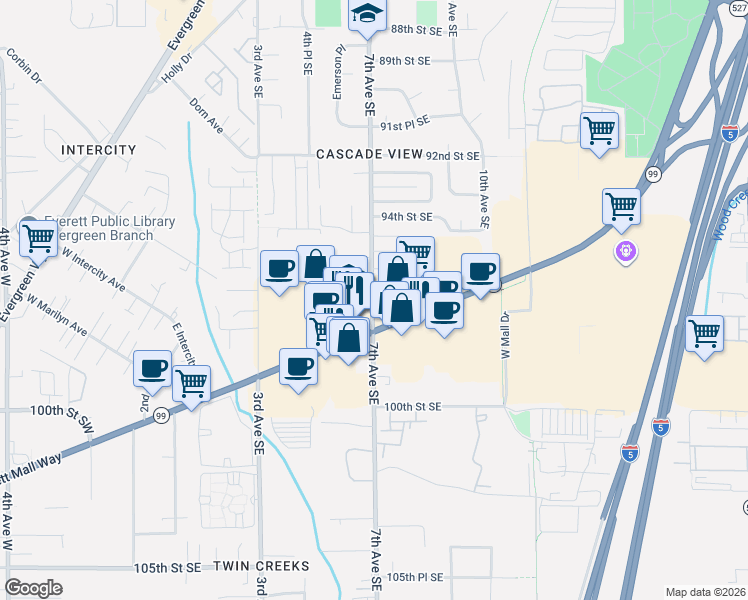map of restaurants, bars, coffee shops, grocery stores, and more near 713 Southeast Everett Mall Way in Everett