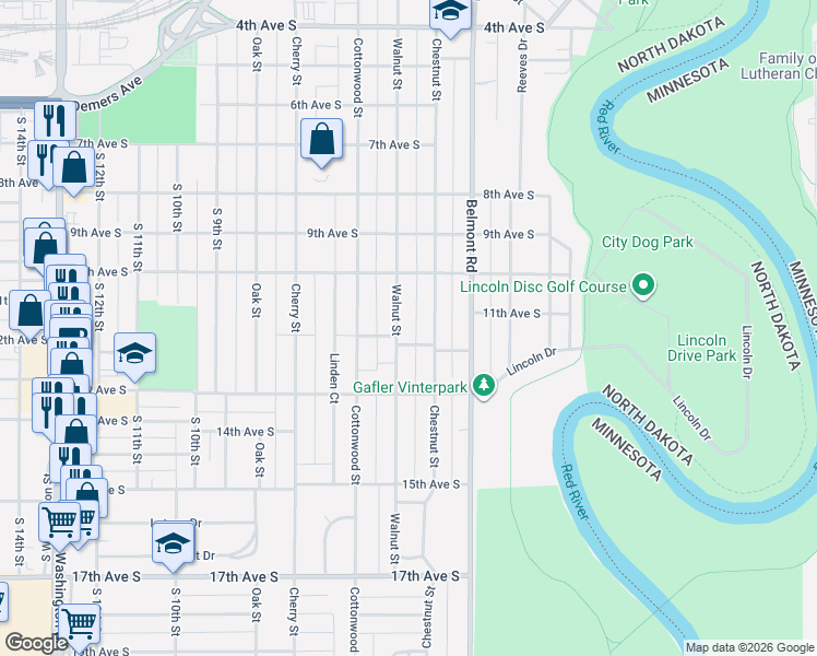 map of restaurants, bars, coffee shops, grocery stores, and more near 1206 Walnut St in Grand Forks