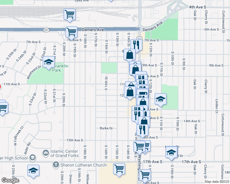map of restaurants, bars, coffee shops, grocery stores, and more near 1507 12th Avenue South in Grand Forks