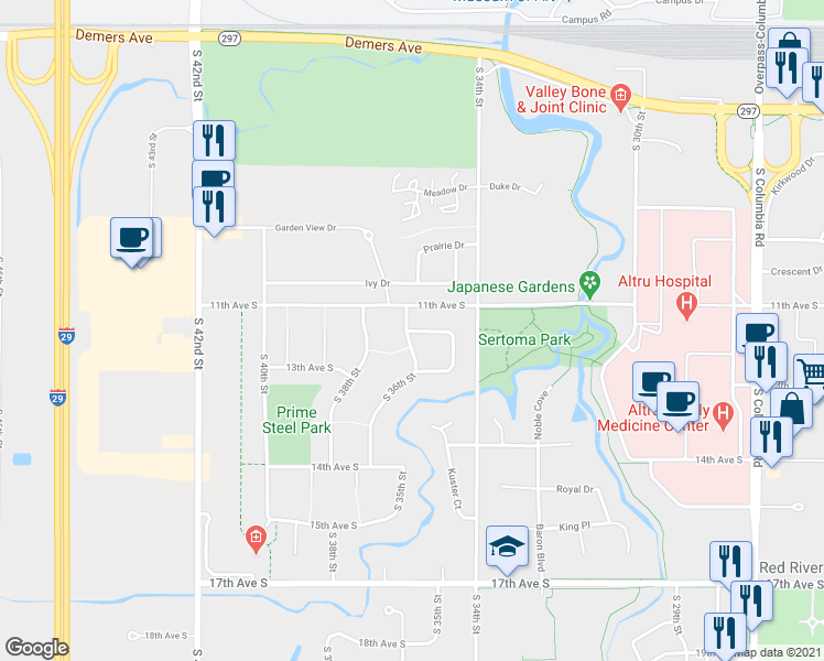 map of restaurants, bars, coffee shops, grocery stores, and more near 3504 Norkota Court in Grand Forks
