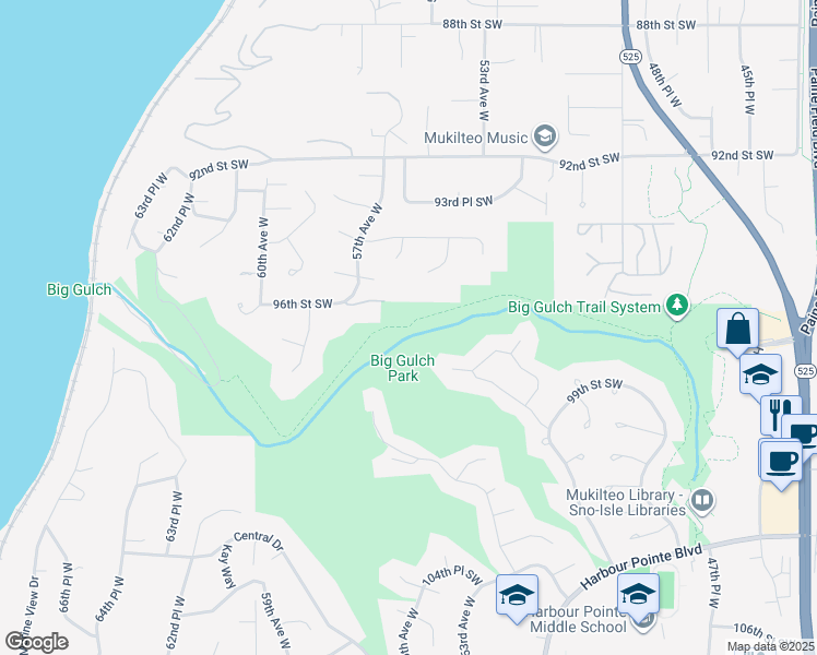 map of restaurants, bars, coffee shops, grocery stores, and more near Big Gulch Trail in Mukilteo