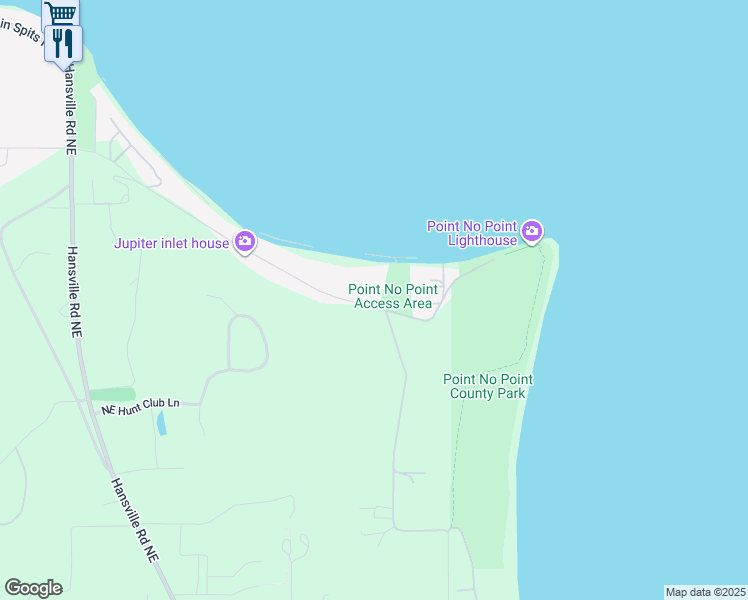 map of restaurants, bars, coffee shops, grocery stores, and more near 8712 Northeast Point No Point Road in Hansville