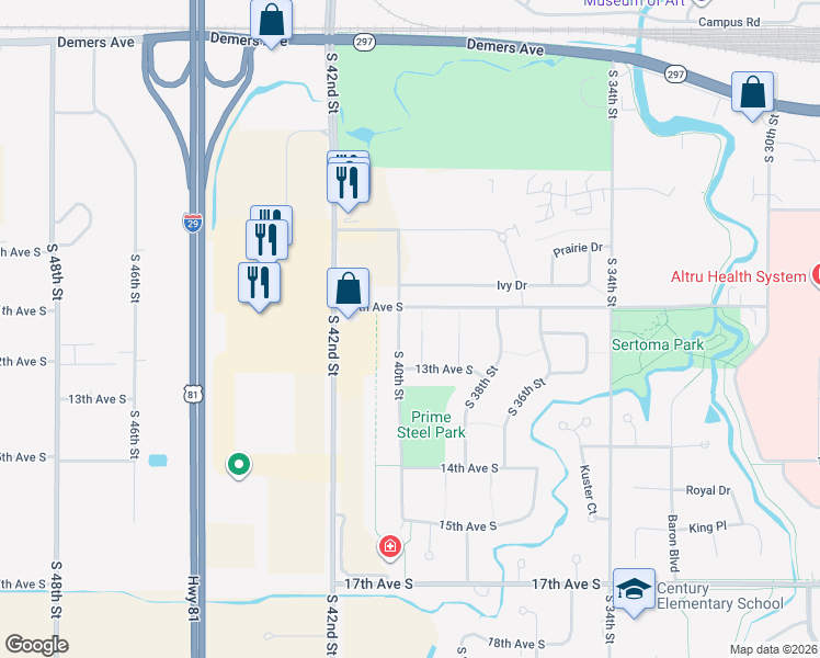 map of restaurants, bars, coffee shops, grocery stores, and more near 1201-1299 Russet Cir in Grand Forks
