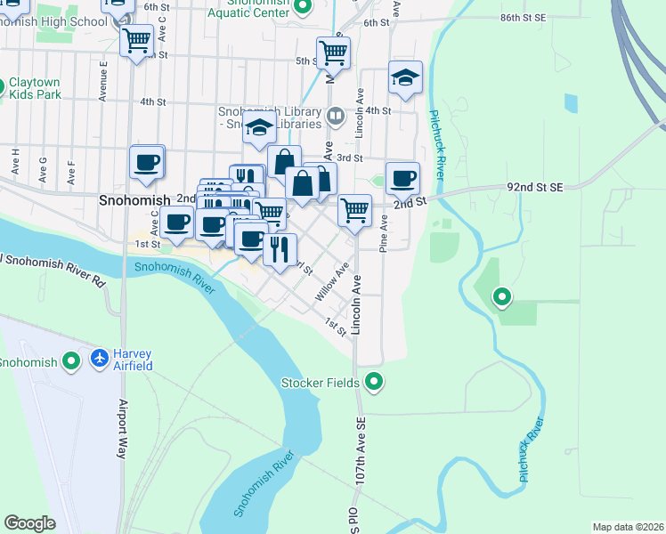 map of restaurants, bars, coffee shops, grocery stores, and more near 406 Pearl Street in Snohomish