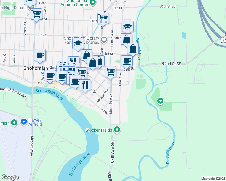 map of restaurants, bars, coffee shops, grocery stores, and more near 123 Lincoln Avenue in Snohomish