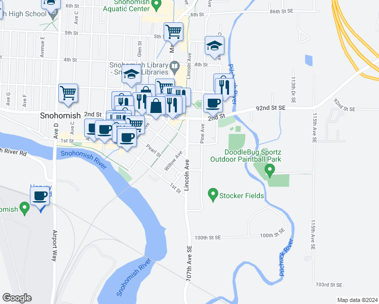 map of restaurants, bars, coffee shops, grocery stores, and more near 123 Lincoln Avenue in Snohomish