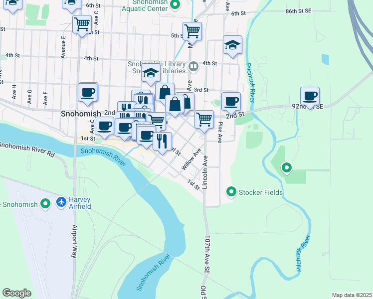map of restaurants, bars, coffee shops, grocery stores, and more near 133 Maple Avenue in Snohomish