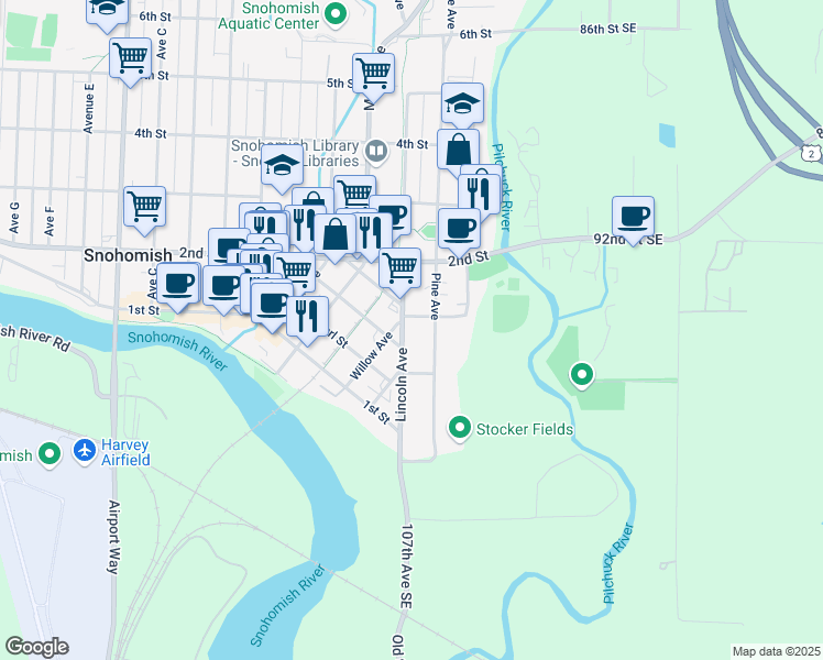 map of restaurants, bars, coffee shops, grocery stores, and more near 408 Wood Street in Snohomish