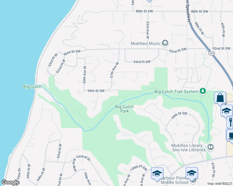 map of restaurants, bars, coffee shops, grocery stores, and more near 5662 95th Place Southwest in Mukilteo