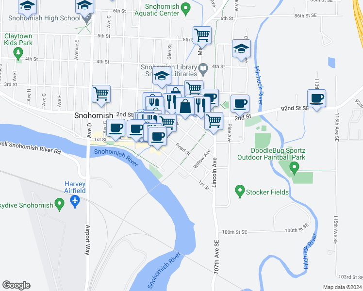 map of restaurants, bars, coffee shops, grocery stores, and more near 119 Maple Avenue in Snohomish
