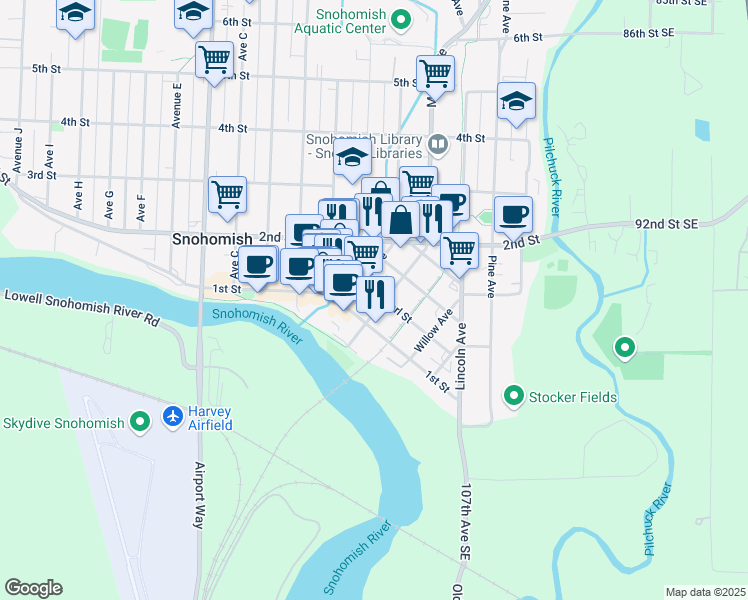 map of restaurants, bars, coffee shops, grocery stores, and more near 116 Maple Avenue in Snohomish
