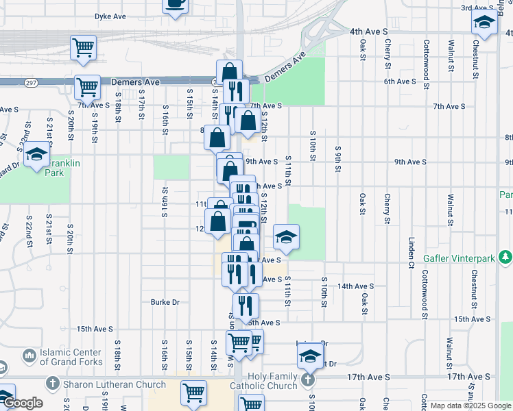 map of restaurants, bars, coffee shops, grocery stores, and more near 1014 South 12th Street in Grand Forks