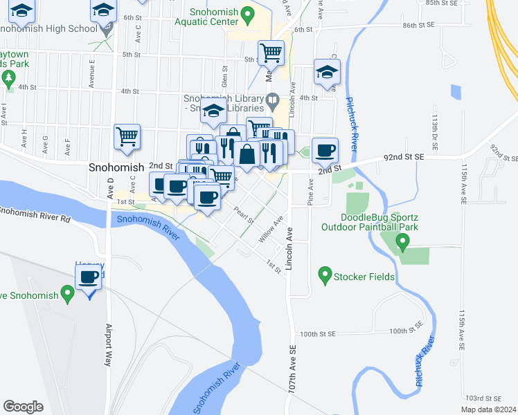 map of restaurants, bars, coffee shops, grocery stores, and more near 603 Rainier Street in Snohomish