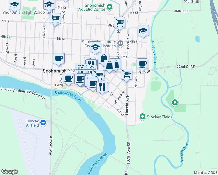 map of restaurants, bars, coffee shops, grocery stores, and more near 133 Maple Avenue in Snohomish