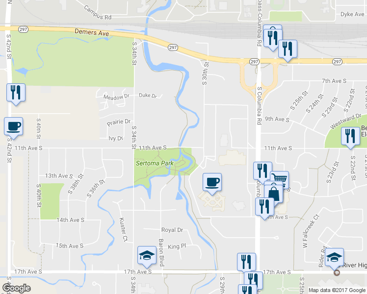 map of restaurants, bars, coffee shops, grocery stores, and more near 11th Avenue South in Grand Forks