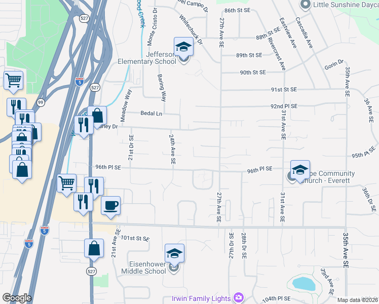 map of restaurants, bars, coffee shops, grocery stores, and more near 2428 94th Place Southeast in Everett