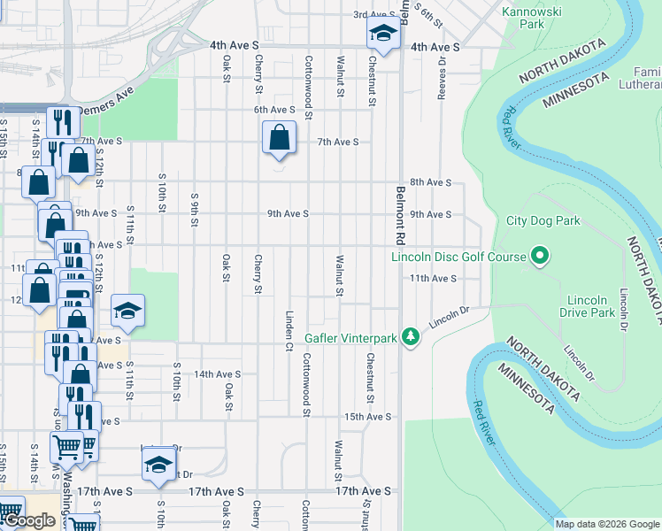 map of restaurants, bars, coffee shops, grocery stores, and more near 1012 Walnut Street in Grand Forks