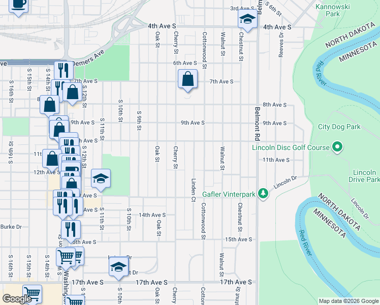 map of restaurants, bars, coffee shops, grocery stores, and more near 1009 Cherry Street in Grand Forks