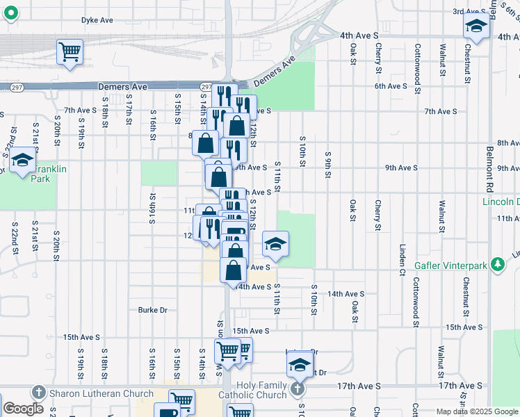 map of restaurants, bars, coffee shops, grocery stores, and more near 1010 South 11th Street in Grand Forks