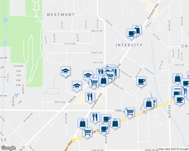 map of restaurants, bars, coffee shops, grocery stores, and more near 9520 Holly Drive in Everett