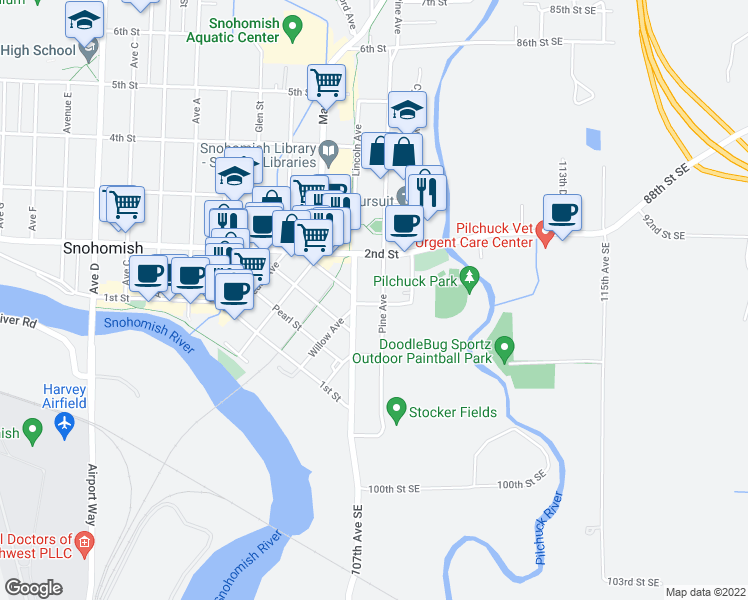 map of restaurants, bars, coffee shops, grocery stores, and more near 408 Wood Street in Snohomish