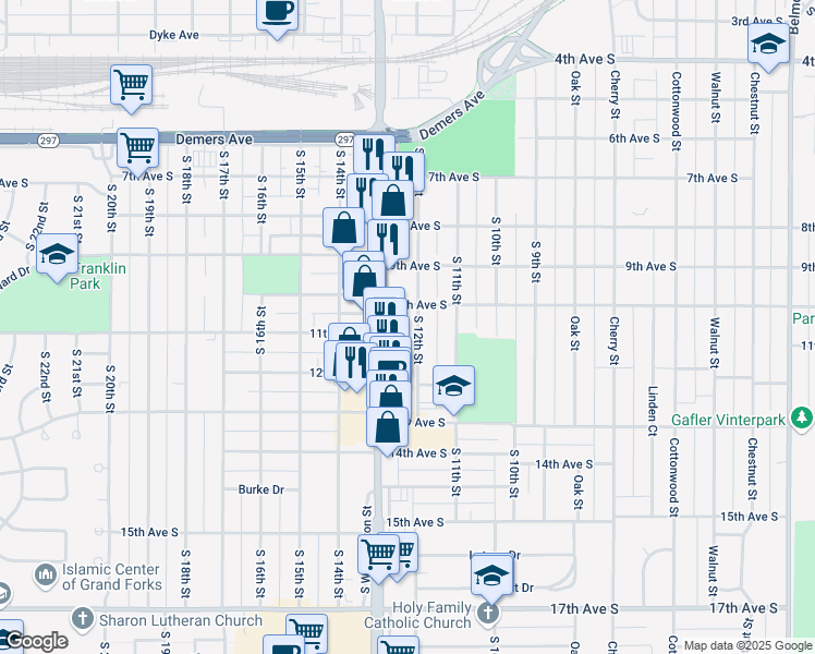 map of restaurants, bars, coffee shops, grocery stores, and more near 1014 South 12th Street in Grand Forks