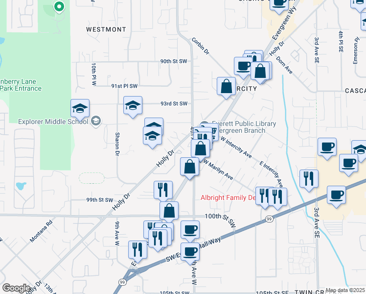 map of restaurants, bars, coffee shops, grocery stores, and more near 9506 4th Avenue West in Everett