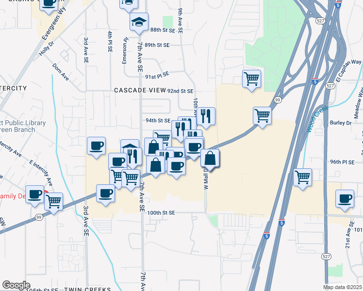 map of restaurants, bars, coffee shops, grocery stores, and more near 909 Southeast Everett Mall Way in Everett