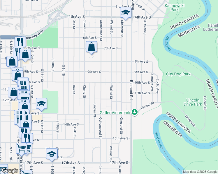 map of restaurants, bars, coffee shops, grocery stores, and more near 1012 Walnut Street in Grand Forks