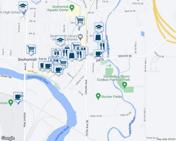 map of restaurants, bars, coffee shops, grocery stores, and more near 408 Wood Street in Snohomish