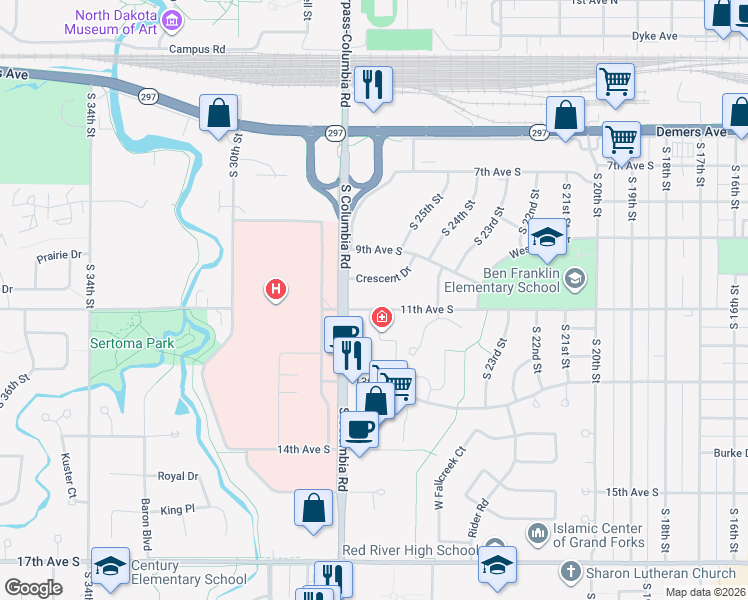 map of restaurants, bars, coffee shops, grocery stores, and more near 2602 11th Avenue South in Grand Forks