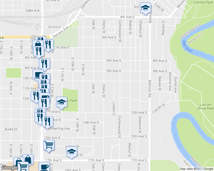 map of restaurants, bars, coffee shops, grocery stores, and more near 1009 Cherry Street in Grand Forks
