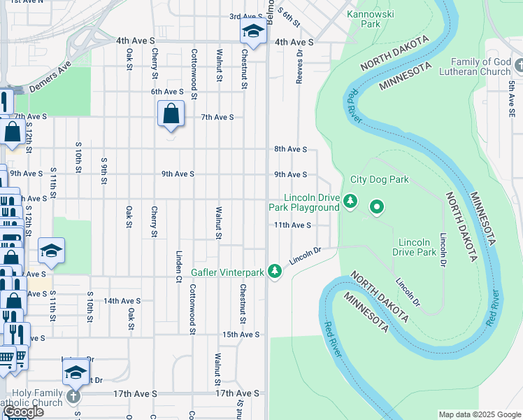 map of restaurants, bars, coffee shops, grocery stores, and more near 1010 Belmont Road in Grand Forks