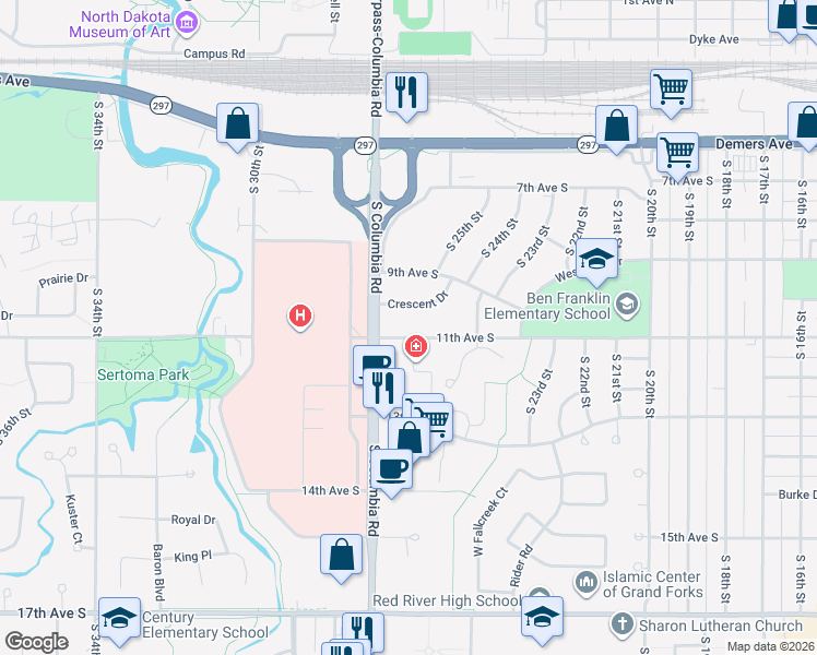 map of restaurants, bars, coffee shops, grocery stores, and more near 2602 11th Avenue South in Grand Forks