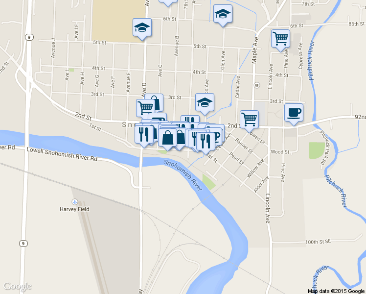 map of restaurants, bars, coffee shops, grocery stores, and more near 1024 1st Street in Snohomish