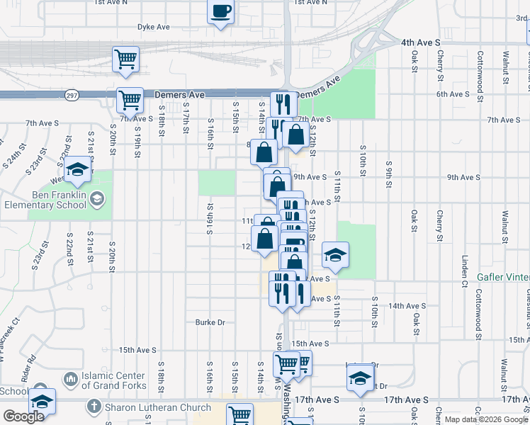 map of restaurants, bars, coffee shops, grocery stores, and more near 1324 11th Avenue South in Grand Forks
