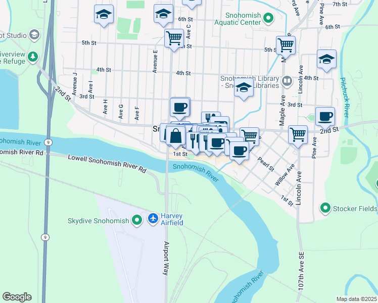 map of restaurants, bars, coffee shops, grocery stores, and more near 1120 1st Street in Snohomish
