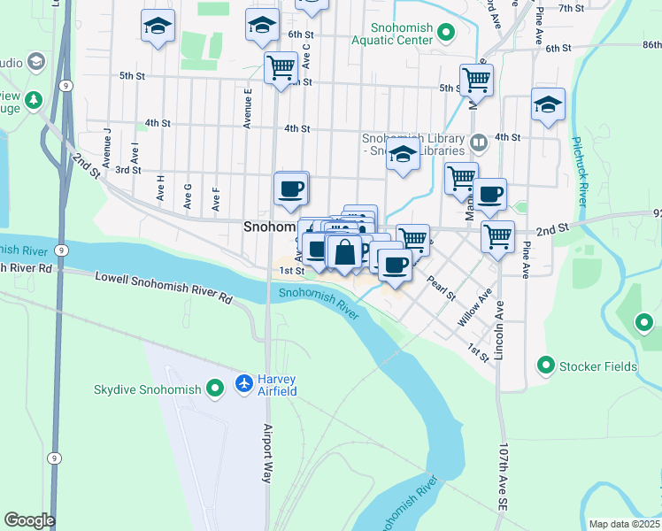 map of restaurants, bars, coffee shops, grocery stores, and more near 1024 1st Street in Snohomish