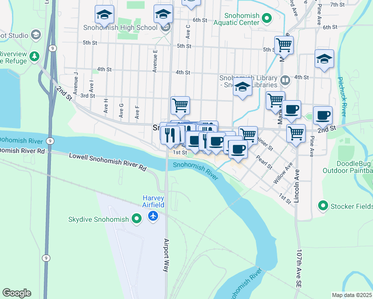 map of restaurants, bars, coffee shops, grocery stores, and more near 1120 1st Street in Snohomish