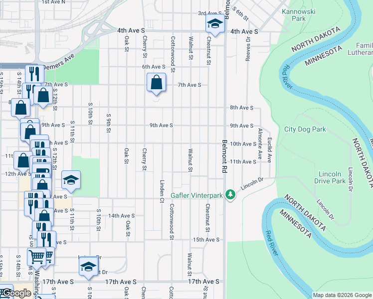 map of restaurants, bars, coffee shops, grocery stores, and more near 1012 Walnut Street in Grand Forks