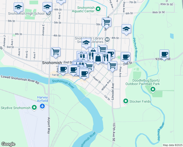 map of restaurants, bars, coffee shops, grocery stores, and more near 119 Cedar Avenue in Snohomish
