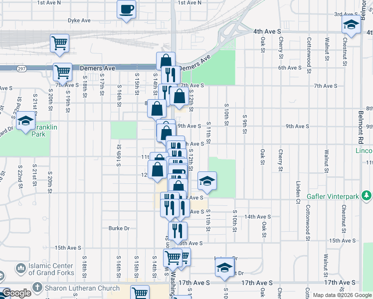 map of restaurants, bars, coffee shops, grocery stores, and more near 1006 South 12th Street in Grand Forks