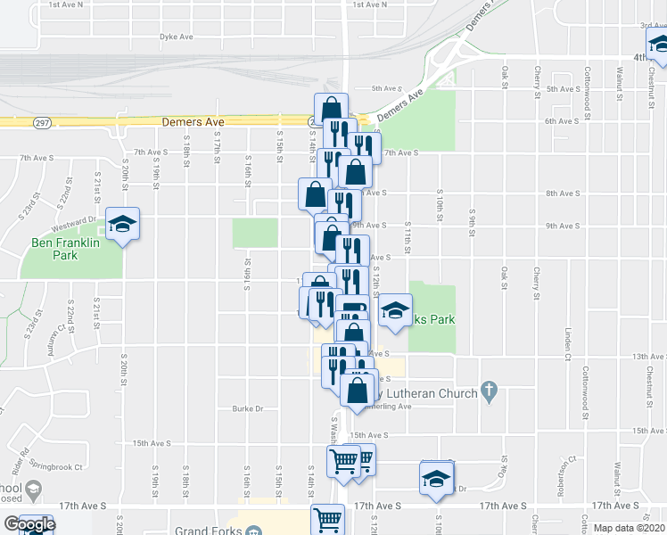 map of restaurants, bars, coffee shops, grocery stores, and more near 1020 South Washington Street in Grand Forks