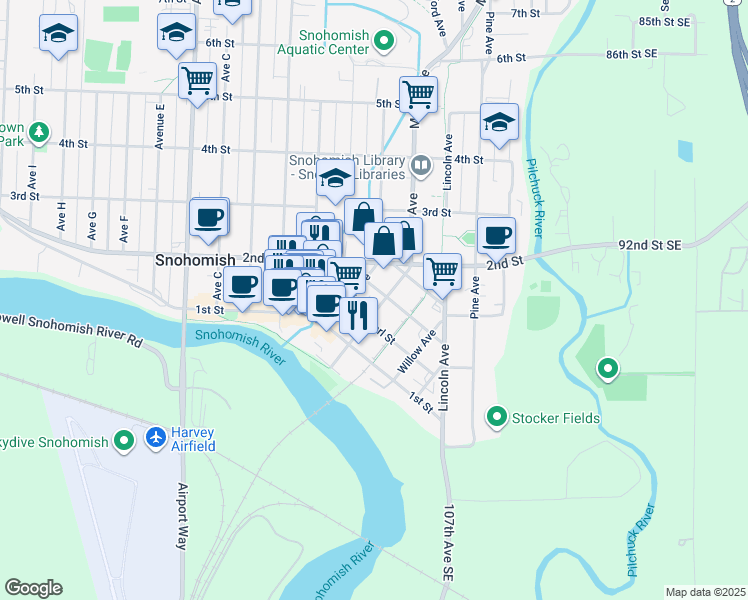map of restaurants, bars, coffee shops, grocery stores, and more near 119 Cedar Avenue in Snohomish