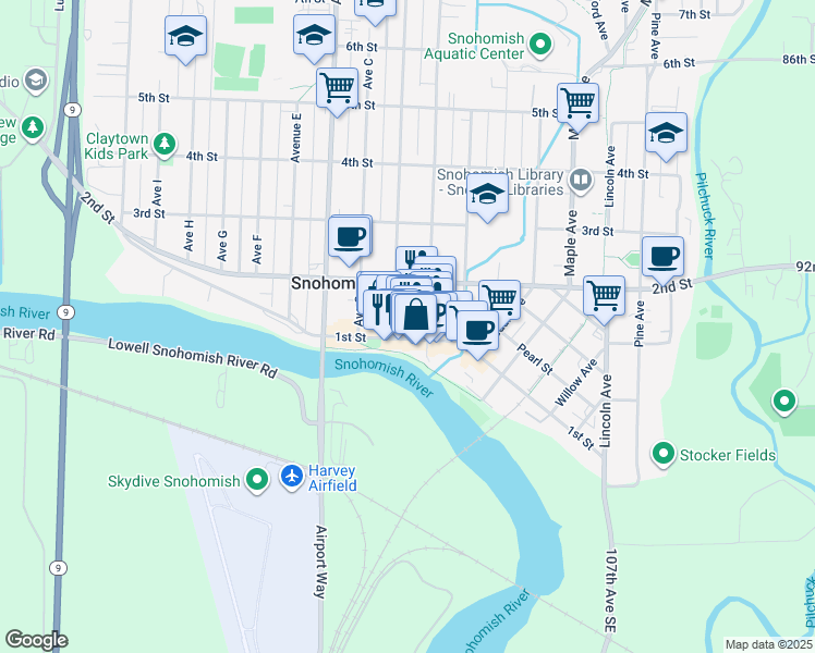 map of restaurants, bars, coffee shops, grocery stores, and more near 1024 1st Street in Snohomish