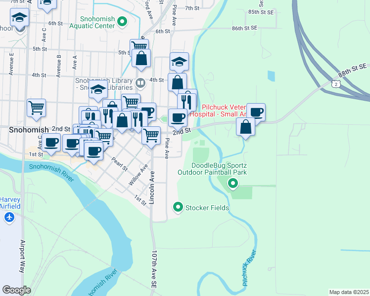 map of restaurants, bars, coffee shops, grocery stores, and more near 169 Cypress Avenue in Snohomish