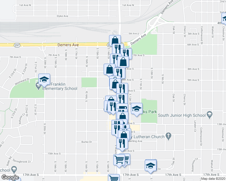 map of restaurants, bars, coffee shops, grocery stores, and more near 1020 South Washington Street in Grand Forks