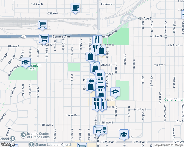 map of restaurants, bars, coffee shops, grocery stores, and more near 1020 South Washington Street in Grand Forks
