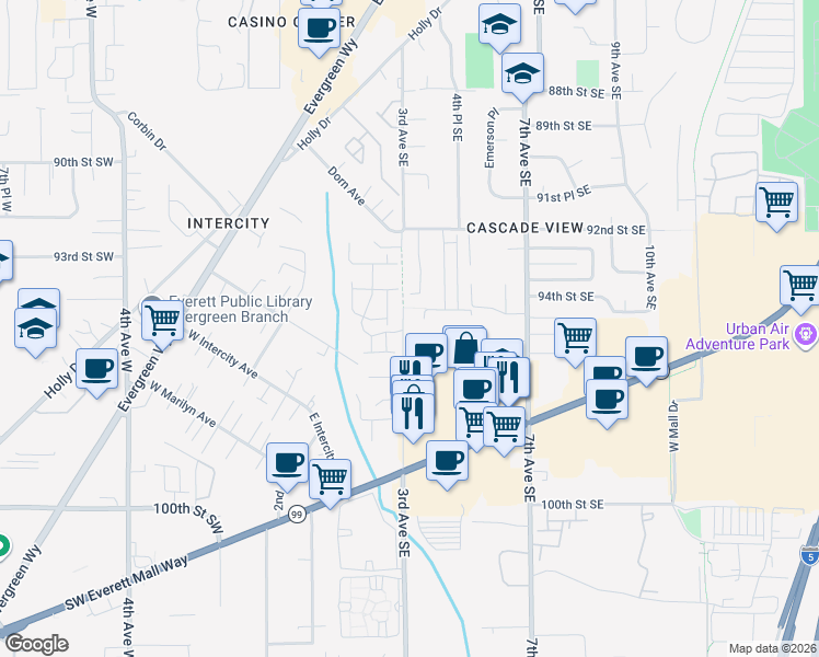 map of restaurants, bars, coffee shops, grocery stores, and more near 9423 3rd Avenue Southeast in Everett
