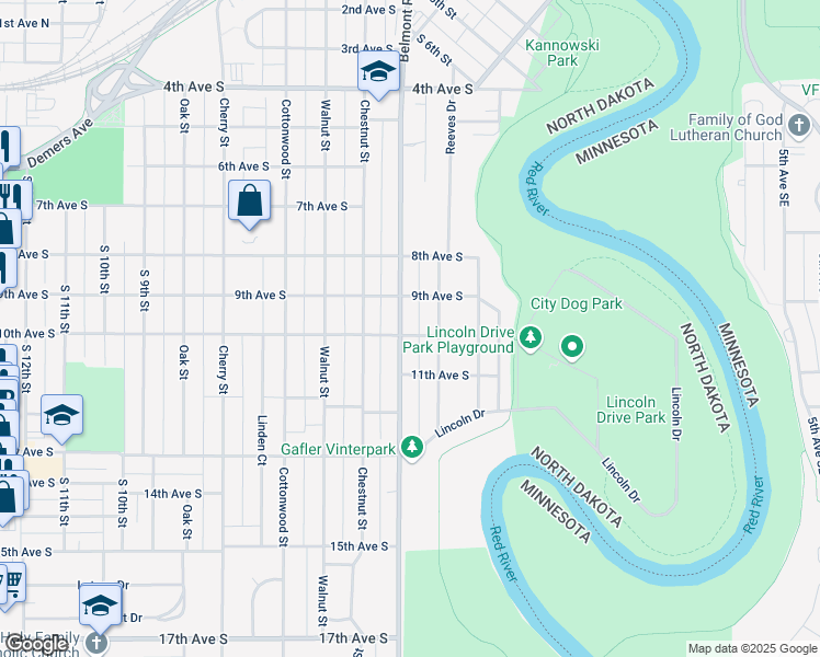 map of restaurants, bars, coffee shops, grocery stores, and more near 1010 Belmont Rd in Grand Forks